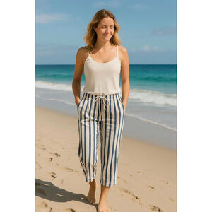 Just Living Womens Striped Pants Size Sm Blue White Linen Blend Coastal Nautical